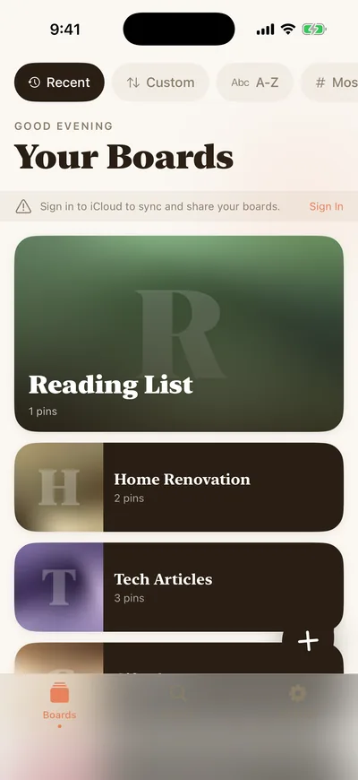 Sticky boards tab screenshot